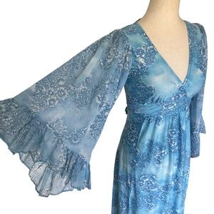 Vintage 70s Blue Floral Maxi Dress Ruffle Angel Sleeves XS Boho Gunne Style